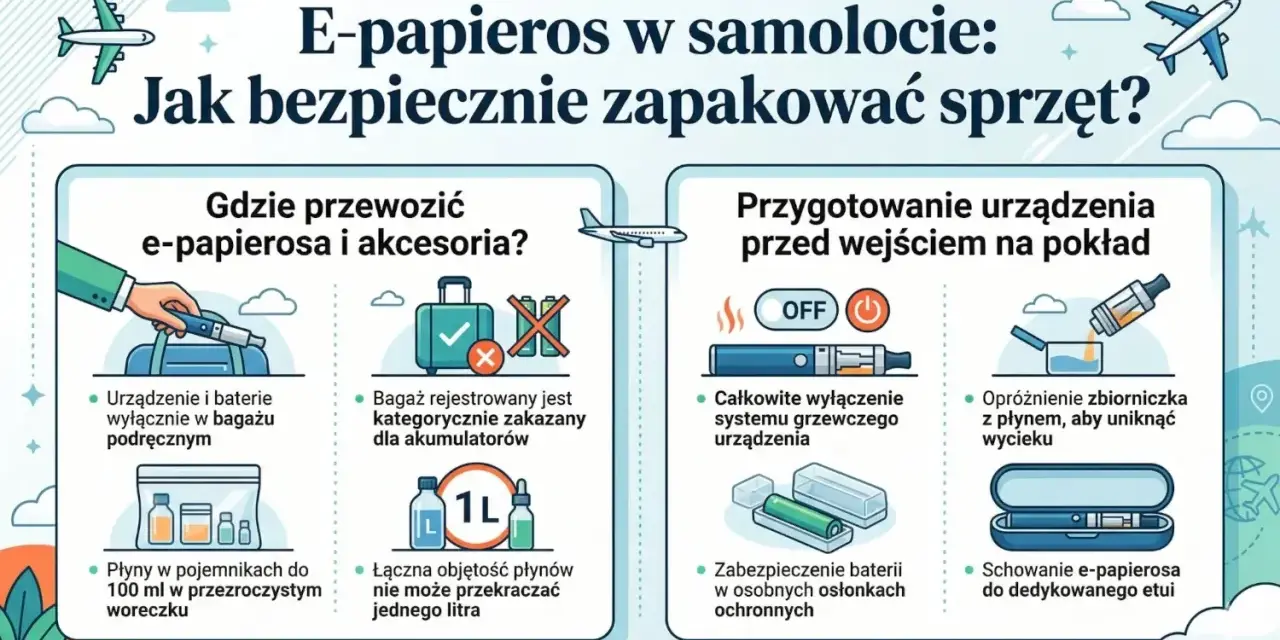 Informacje o przewożeniu e-papierosa w samolocie: urządzenie i baterie w bagażu podręcznym, płyny do 100 ml, zakaz akumulatorów w rejestrowanym. Ile paczek papierosów można przewieźć samolotem? Brak informacji.