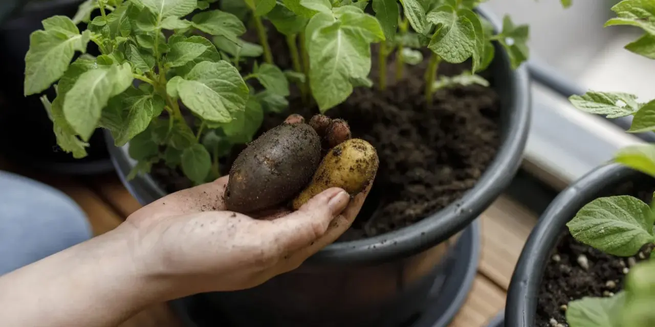 Hand håller upp färskpotatis från en hink, redo att odla potatis i hink till midsommar.