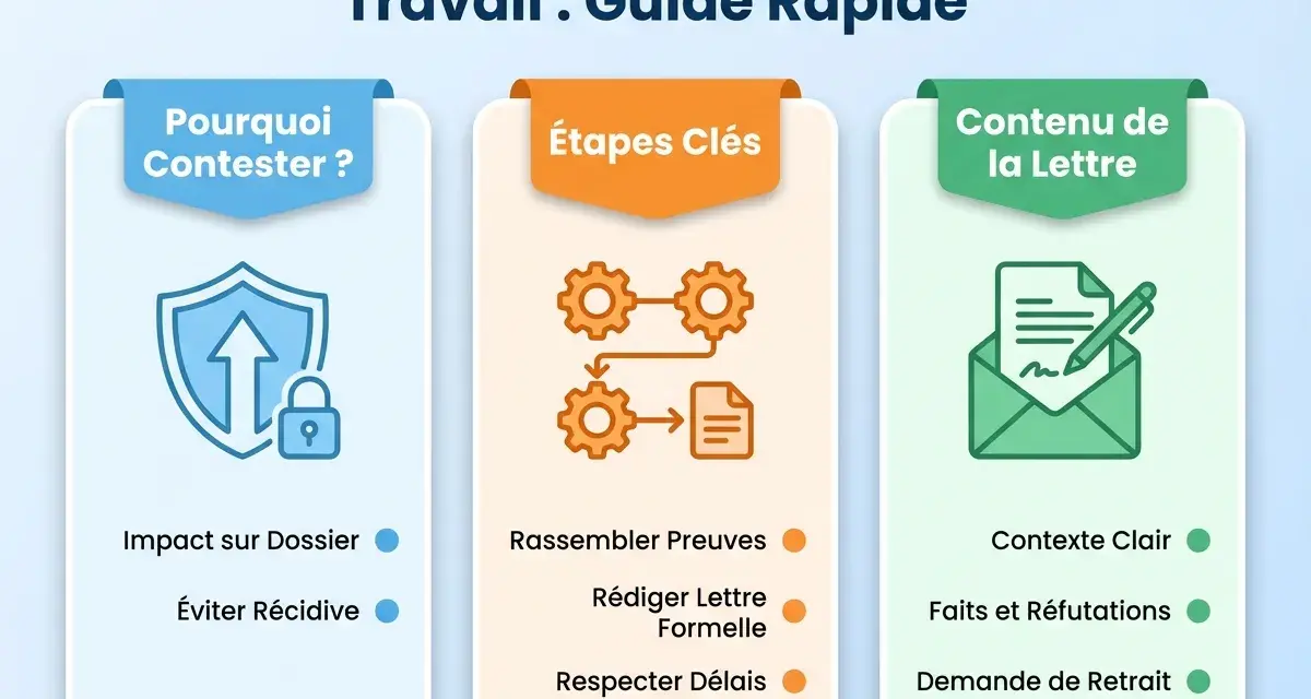 Guide rapide pour contester un avertissement au travail : impact sur dossier, éviter récidive, rassembler preuves, rédiger lettre, respecter délais, contexte clair, faits, réfutations et demande de retrait.