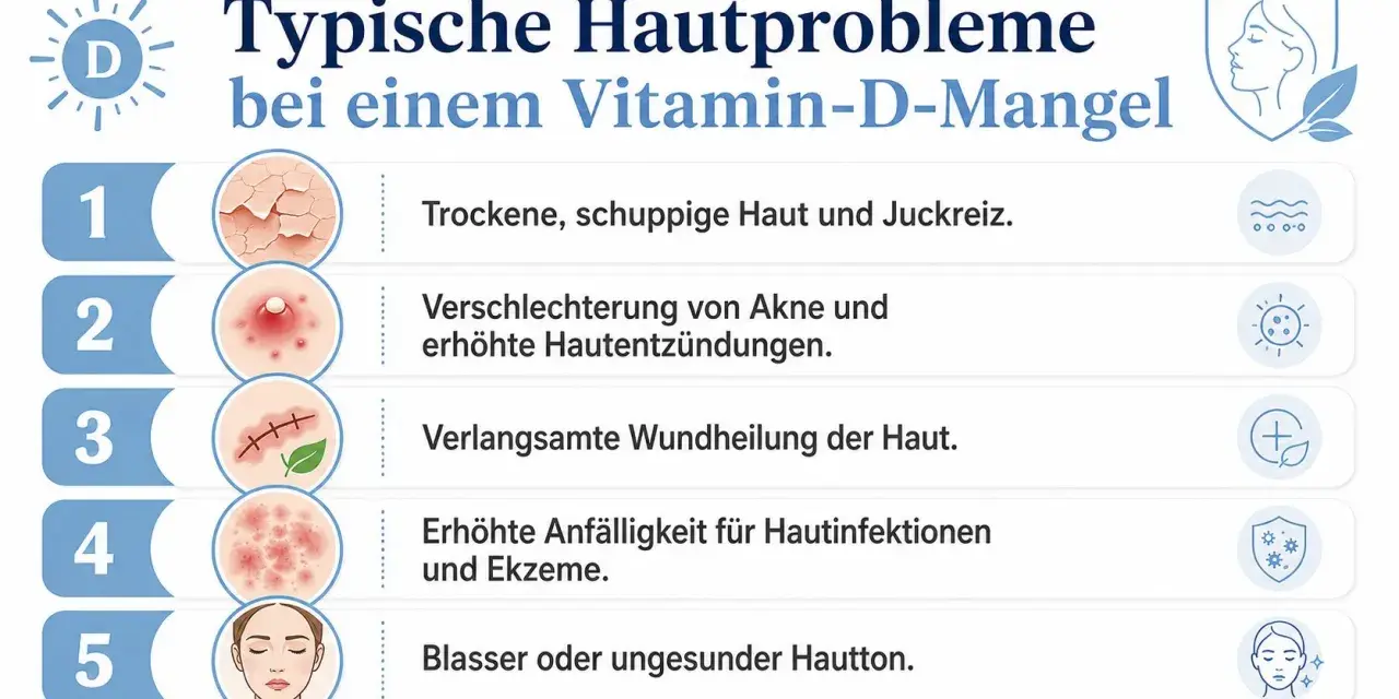 Problemi tipici della pelle con carenza di vitamina D: pelle secca, acne, lenta guarigione, infezioni e colorito spento.