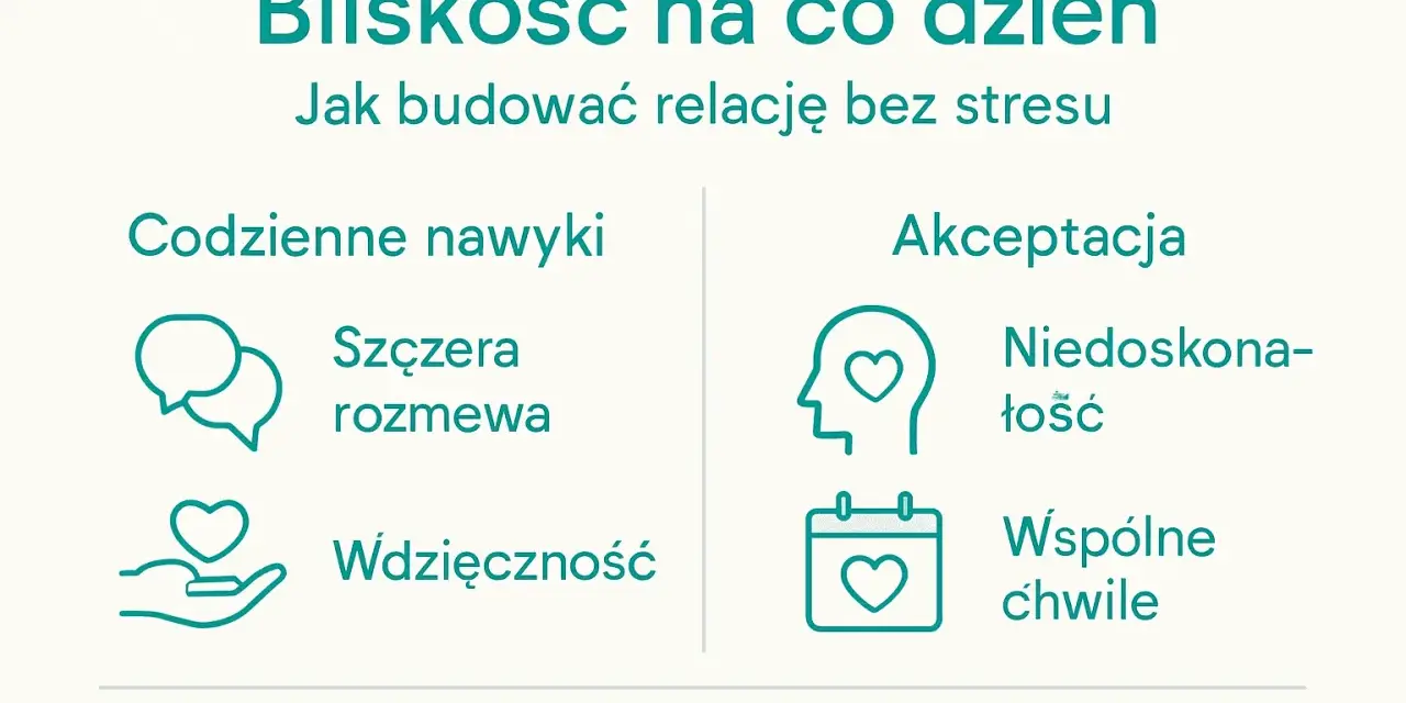 Codzienne nawyki i akceptacja budują bliskość. Rozmowa, wdzięczność, niedoskonałość i wspólne chwile to klucz do relacji bez stresu.