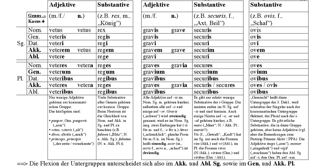 Latein: 3. Deklination. Tabellen zeigen die Flexion von Adjektiven und Substantiven der 3. Deklination.