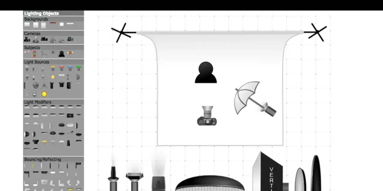 Création d'un schéma d'éclairage studio photo. Icônes pour lumières, modificateurs, sujets et accessoires.