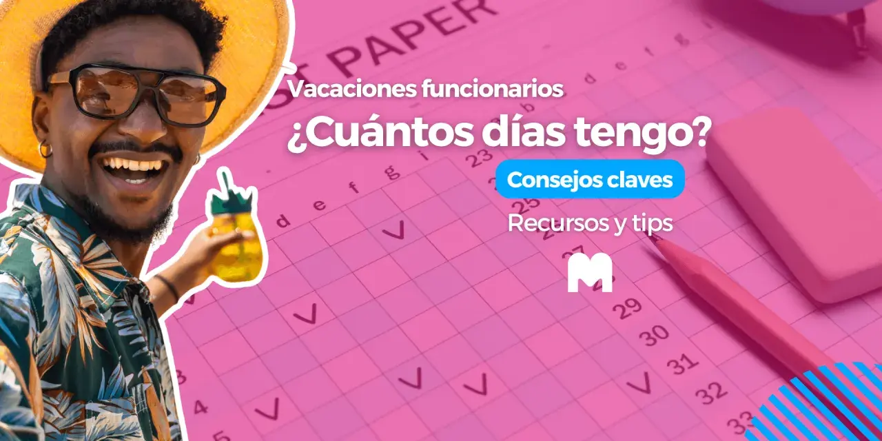 Hombre sonriente con sombrero de paja y gafas de sol, sosteniendo una bebida. El fondo muestra un calendario rosa con la pregunta "¿Cuántos días tengo?" y la frase "con cuántos días de antelación hay que pedir asuntos propios".