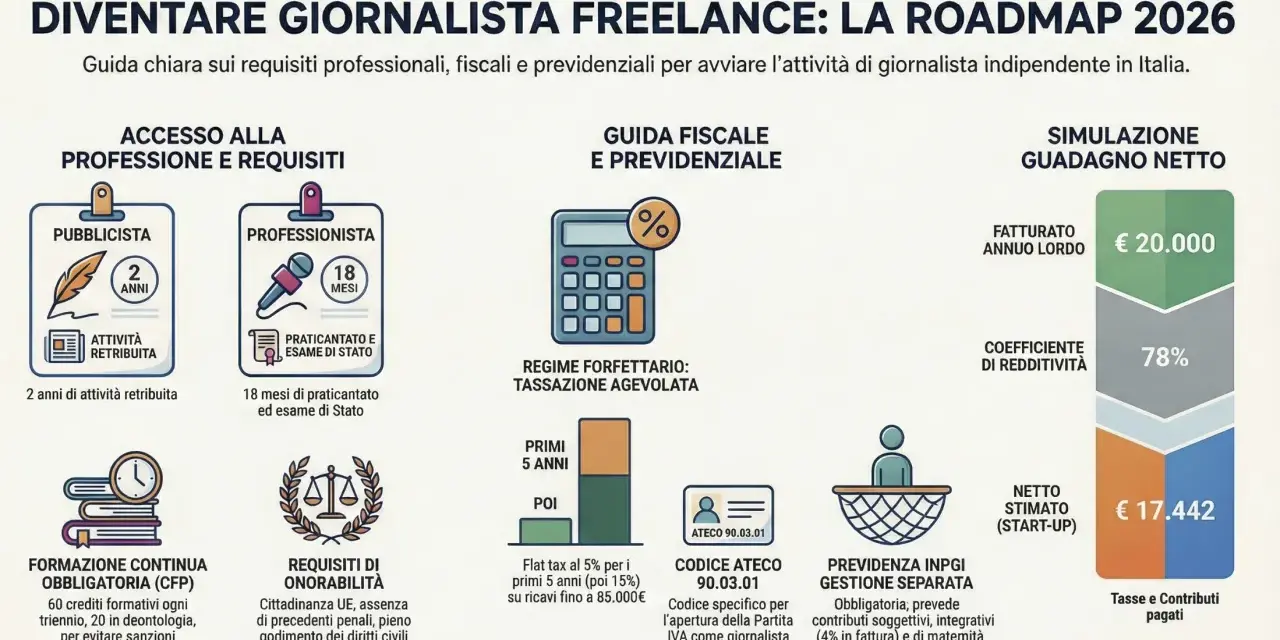 Percorso per diventare giornalista freelance: requisiti, tasse, previdenza e guadagno netto stimato.