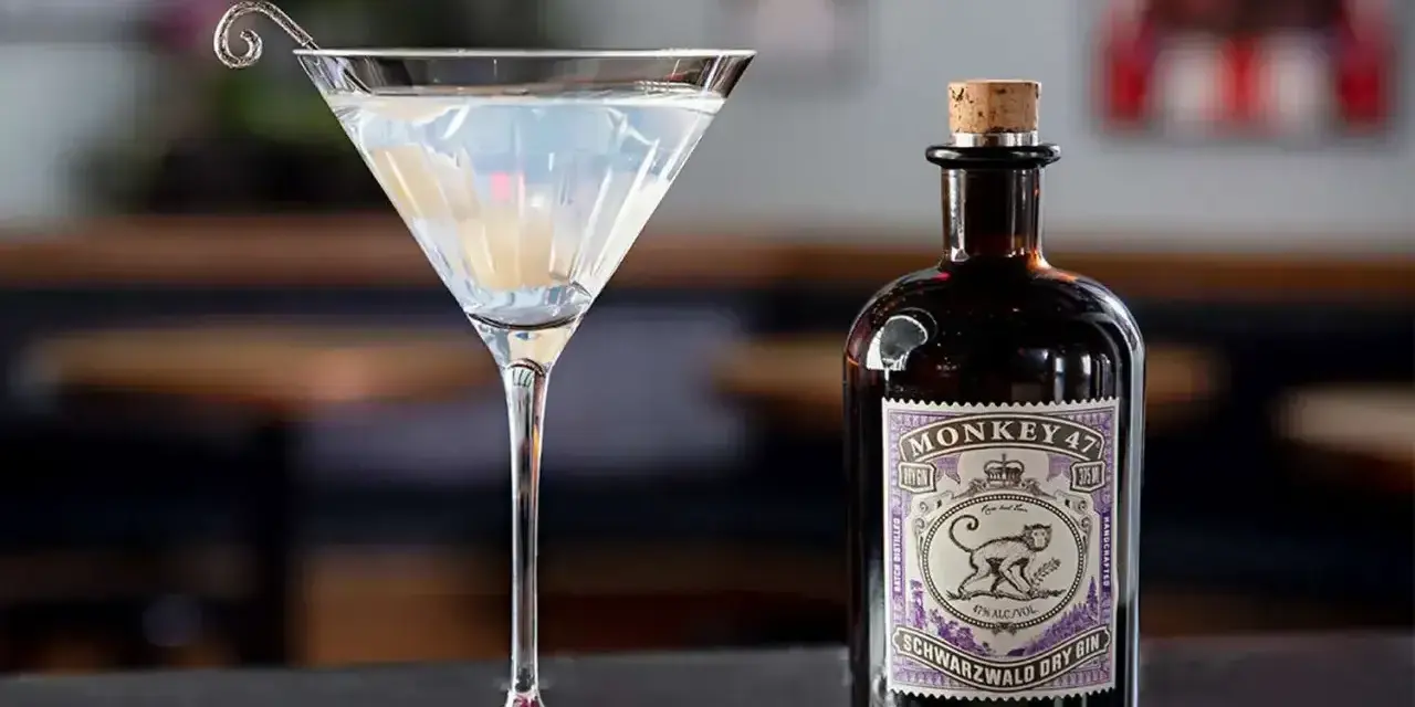 Klasyczny gin martini przepis z Monkey 47. Elegancki kieliszek z drinkiem i butelka ginu na blacie.