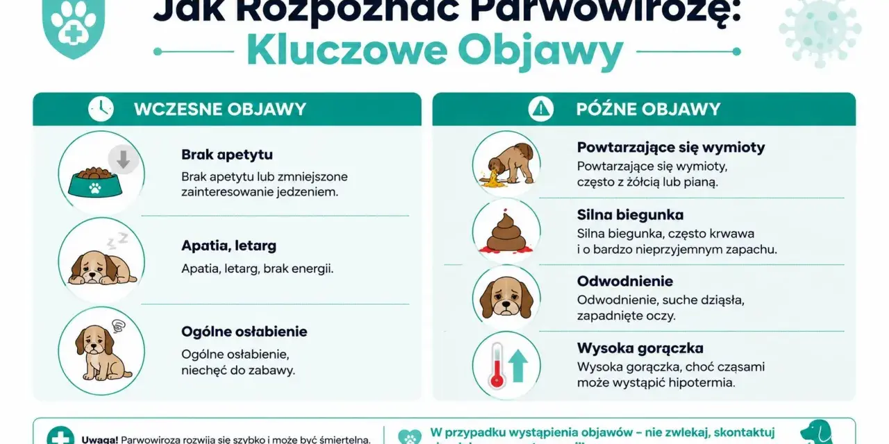Ilustracja przedstawia objawy parwowirozy u psa: brak apetytu, apatia, wymioty, biegunka, odwodnienie i gorączka.