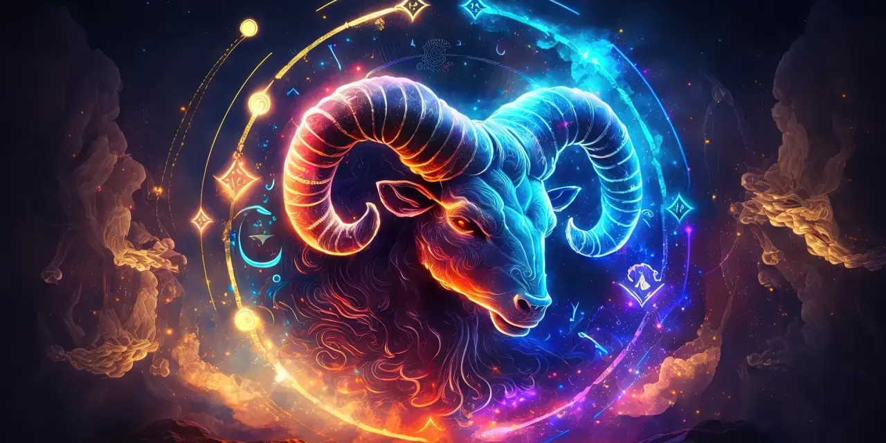 Baran, 20 kwietnia znak zodiaku, w neonowych barwach na tle kosmicznego nieba.