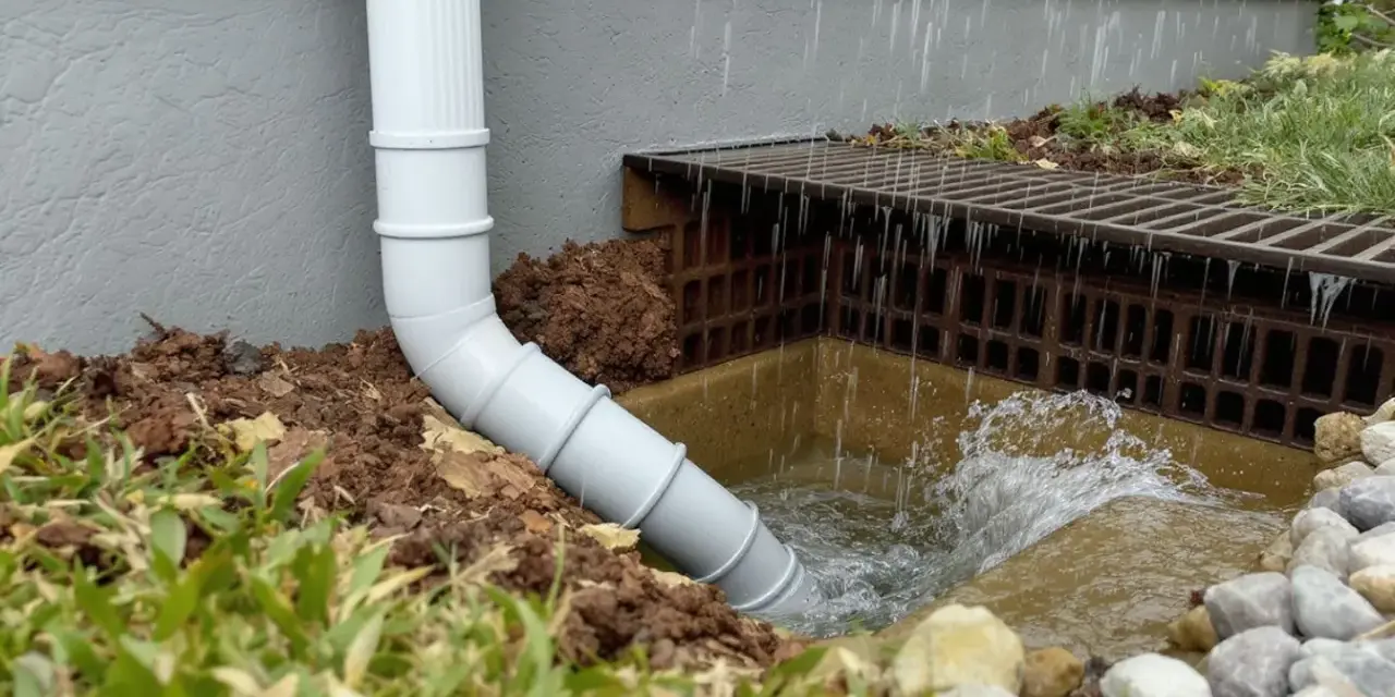 Un tuyau blanc dirige l'eau de pluie vers un drain. Le système d'évacuation eau pluviale fonctionne bien, empêchant l'eau de stagner près de la maison.