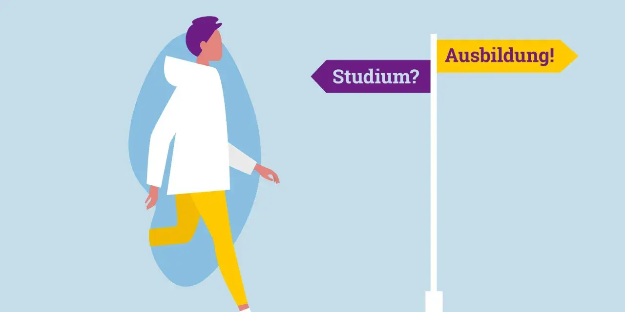 Person steht vor Wegweiser: "Studium?" links, "Ausbildung!" rechts. Entscheidung zwischen Ausbildung vs Studium.