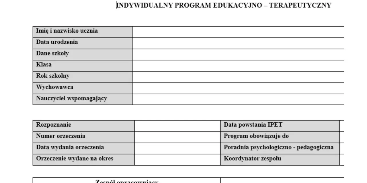 Formularz IPET dla ucznia ze zdiagnozowaną niepełnosprawnością intelektualną w stopniu lekkim, przeznaczony dla szkoły podstawowej.