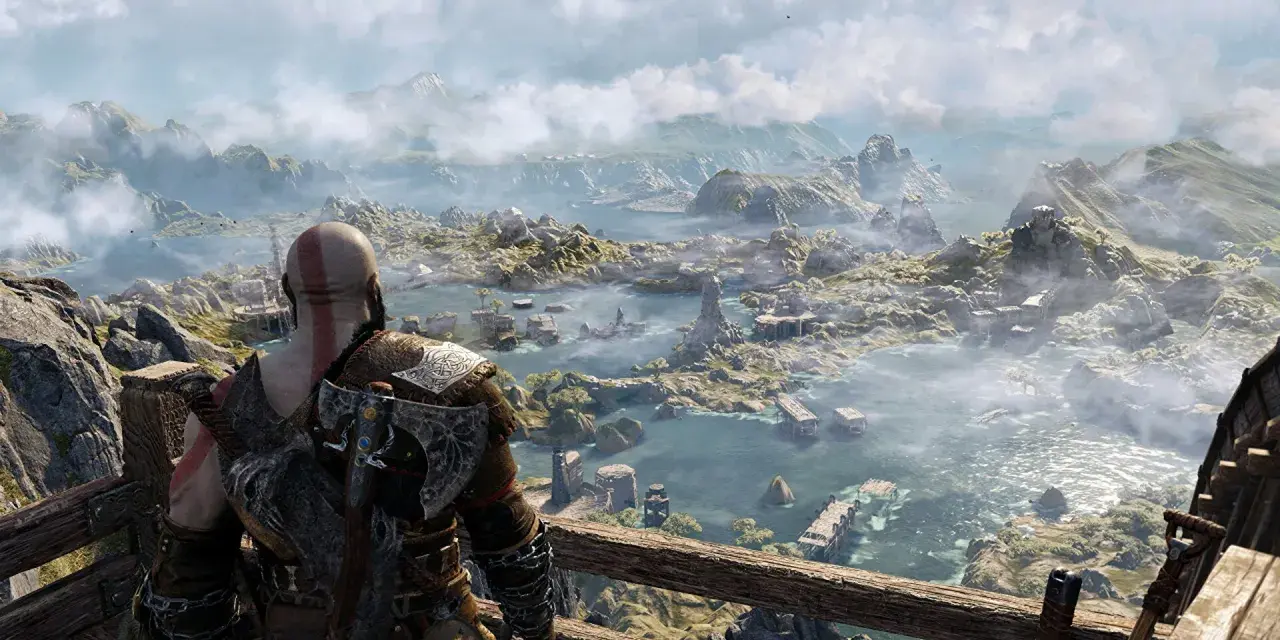 Kratos spogląda na rozległy, mglisty krajobraz. Zastanawiasz się, ile trwa fabuła God of War Ragnarök, przemierzając te ziemie.