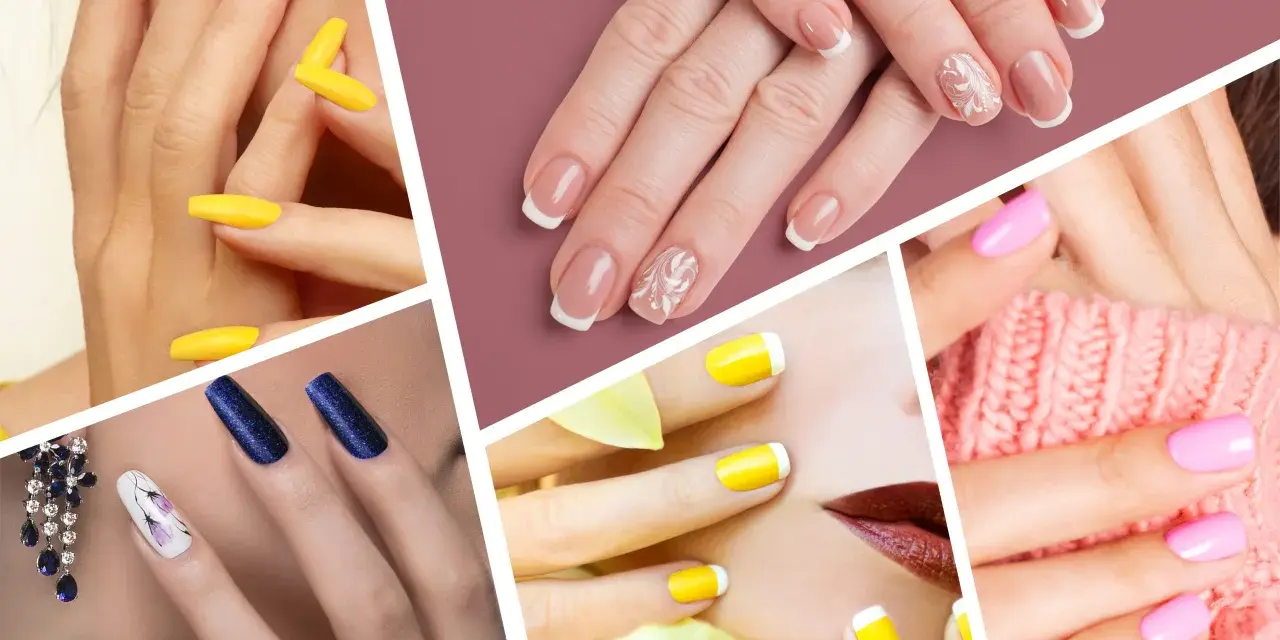 Un collage di mani con unghie colorate: giallo vivace, blu glitterato, rosa pastello e french manicure con decorazioni floreali.