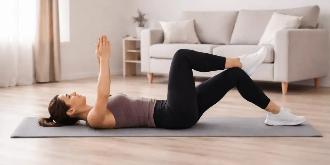 Femme effectuant un exercice de gainage dos sur un tapis, bras levés, dans un salon lumineux.