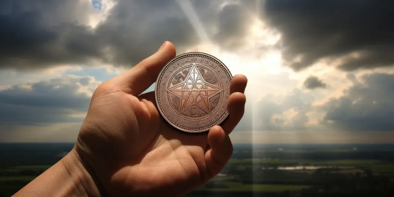 Dłoń trzyma monetę z pentagramem, symbolizującą **ace of pentacles znaczenie** – nowy początek, obfitość i materialne spełnienie.