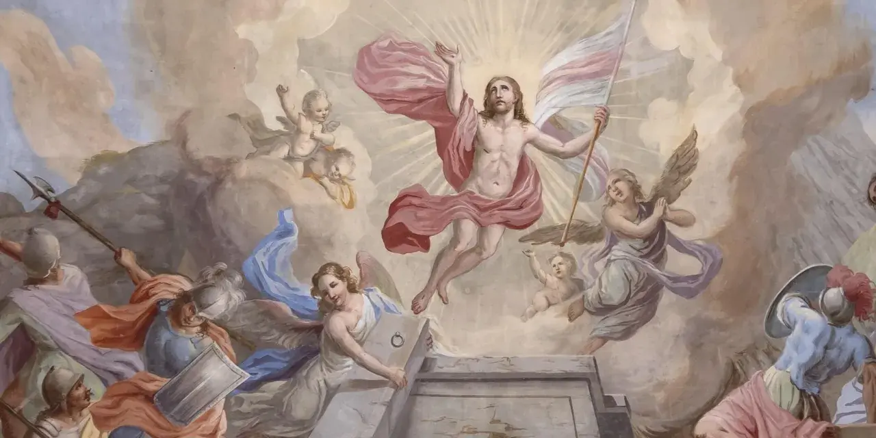 Auferstehung Christi, der Grund für Ostern. Engel und Soldaten sind Zeugen des glorreichen Aufstiegs.