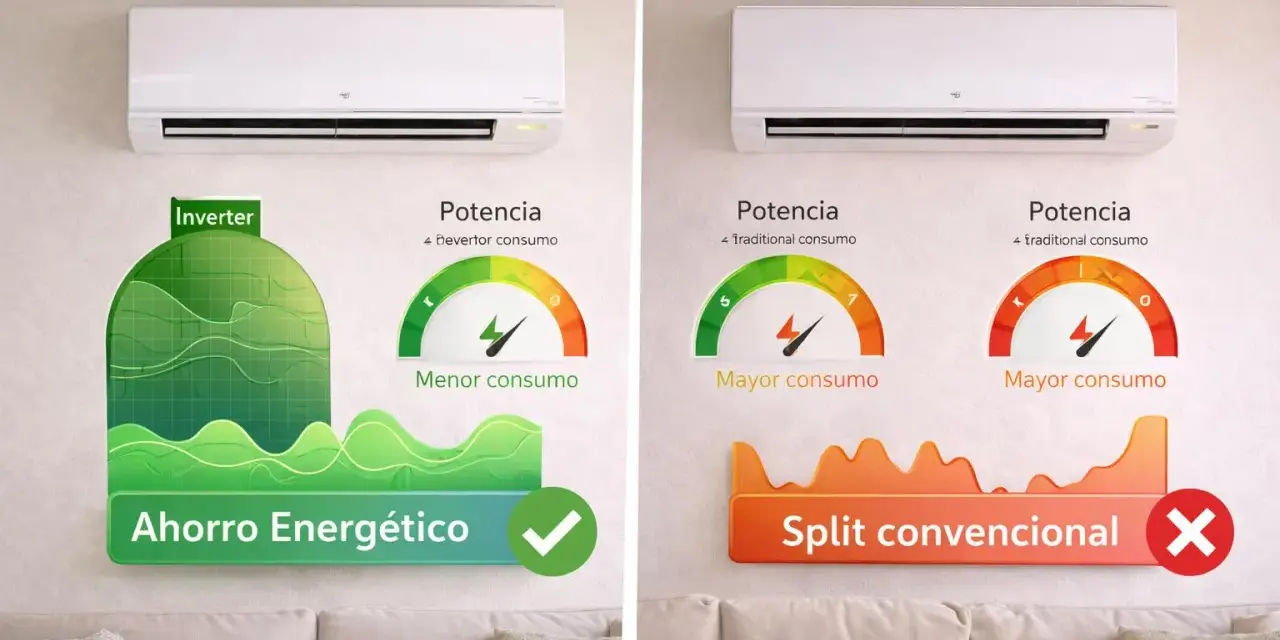 Comparativa de aire acondicionado: split inverter con menor consumo energético frente a split convencional de mayor consumo.