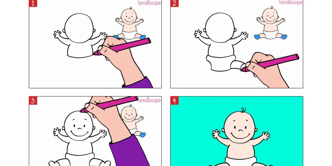 Étapes pour apprendre comment dessiner un bébé. Une main dessine un bébé, ajoutant des détails étape par étape.