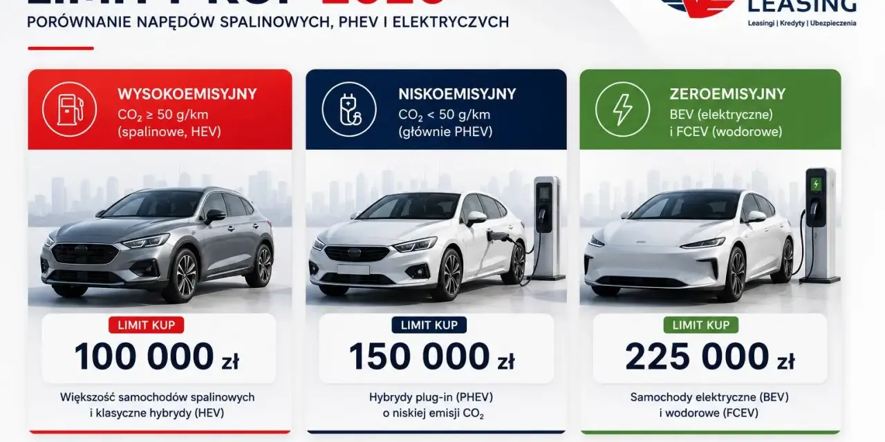 Porównanie limitów zakupu aut w 2026 r. dla pojazdów spalinowych, hybrydowych i elektrycznych.