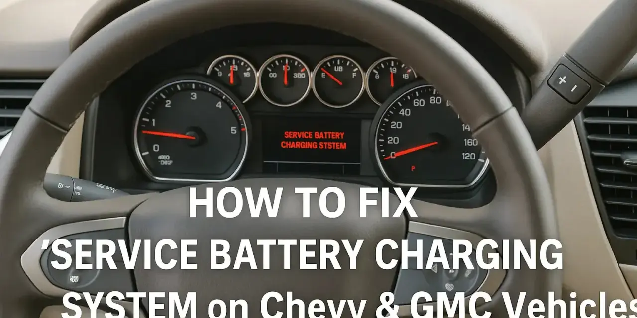 Dashboard of a Chevy/GMC vehicle showing a "SERVICE BATTERY CHARGING SYSTEM" warning light, with text overlay "HOW TO FIX SERVICE BATTERY CHARGING SYSTEM".