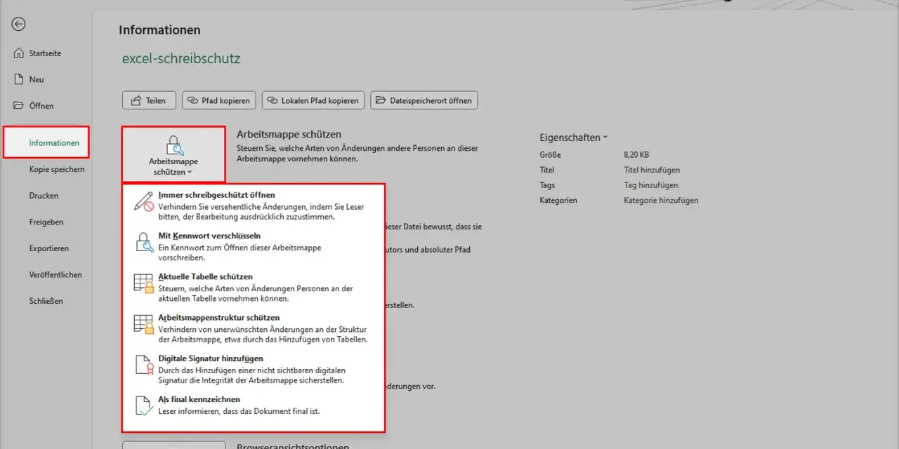 Excel-Schreibschutz aufheben: Optionen zum Schutz von Arbeitsmappen, z.B. "Immer schreibgeschützt öffnen" oder "Mit Kennwort verschlüsseln".