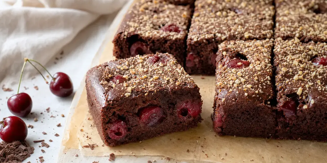 Saftiger kirschkuchen mit frischen kirschen, bestreut mit Nüssen. Daneben liegen frische Kirschen und Schokostückchen.