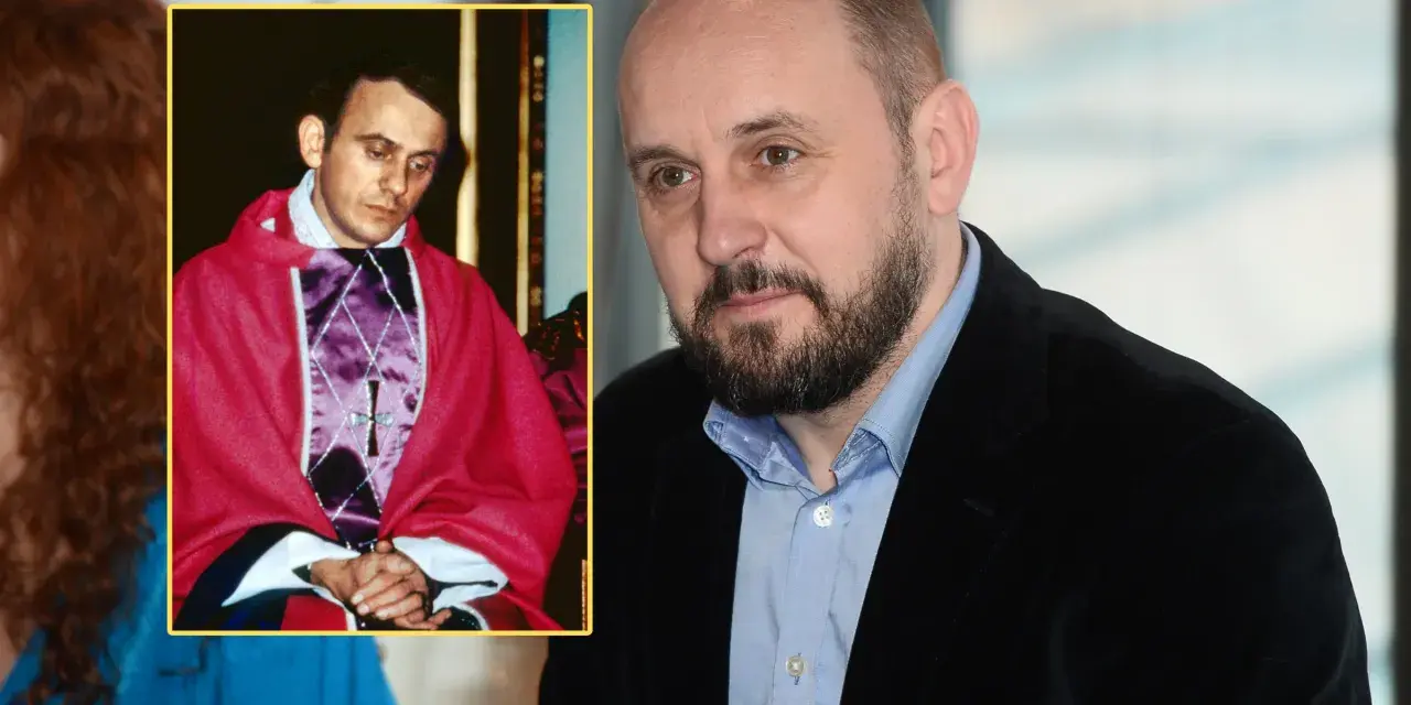 Kto grał Popiełuszkę? Na zdjęciu ks. Jerzy Popiełuszko w szatach liturgicznych i aktor Adam Woronowicz.