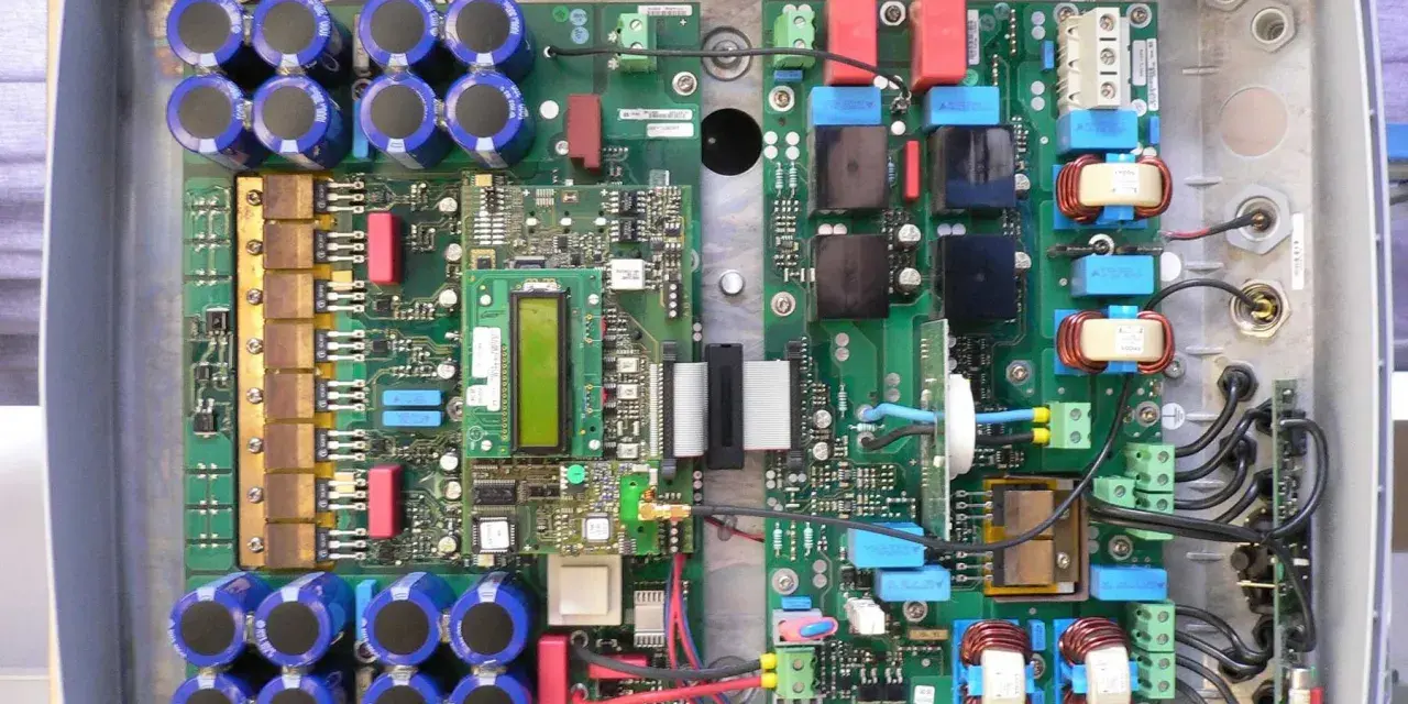 Wnętrze urządzenia elektronicznego z licznymi kondensatorami, cewkami i płytkami drukowanymi. To jest właśnie osd co to za technologia?