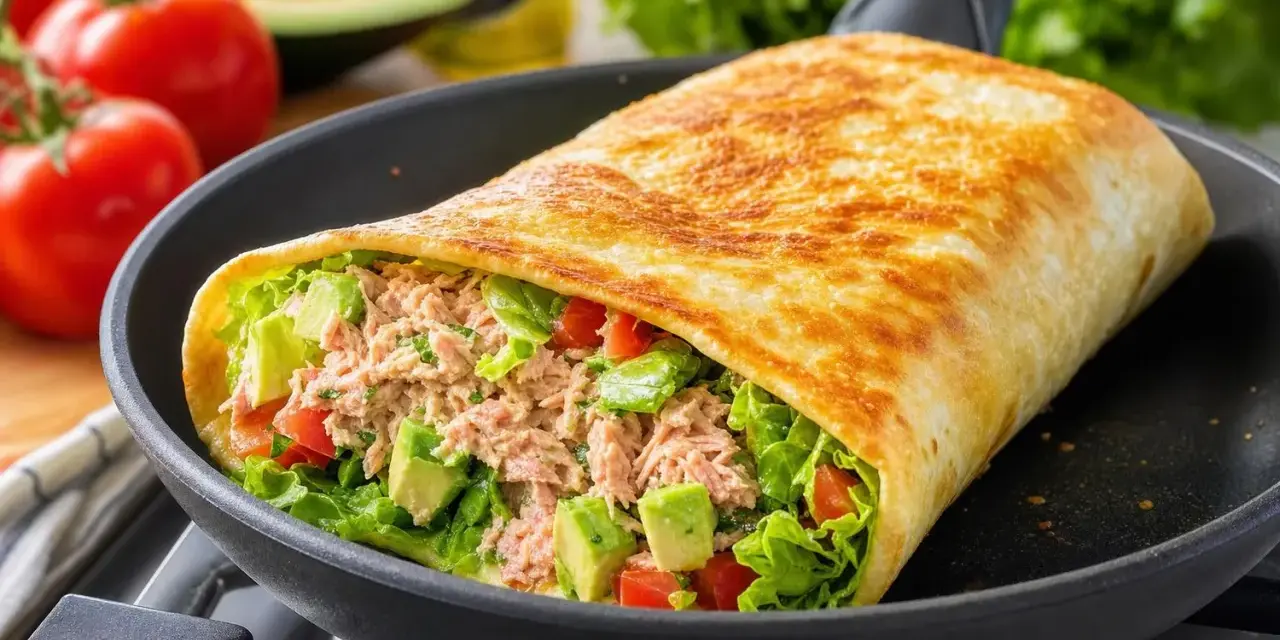 Un wrap garni de thon, avocat et tomates, prêt à être dégusté. Une recette wrap facile et rapide pour un repas sain.