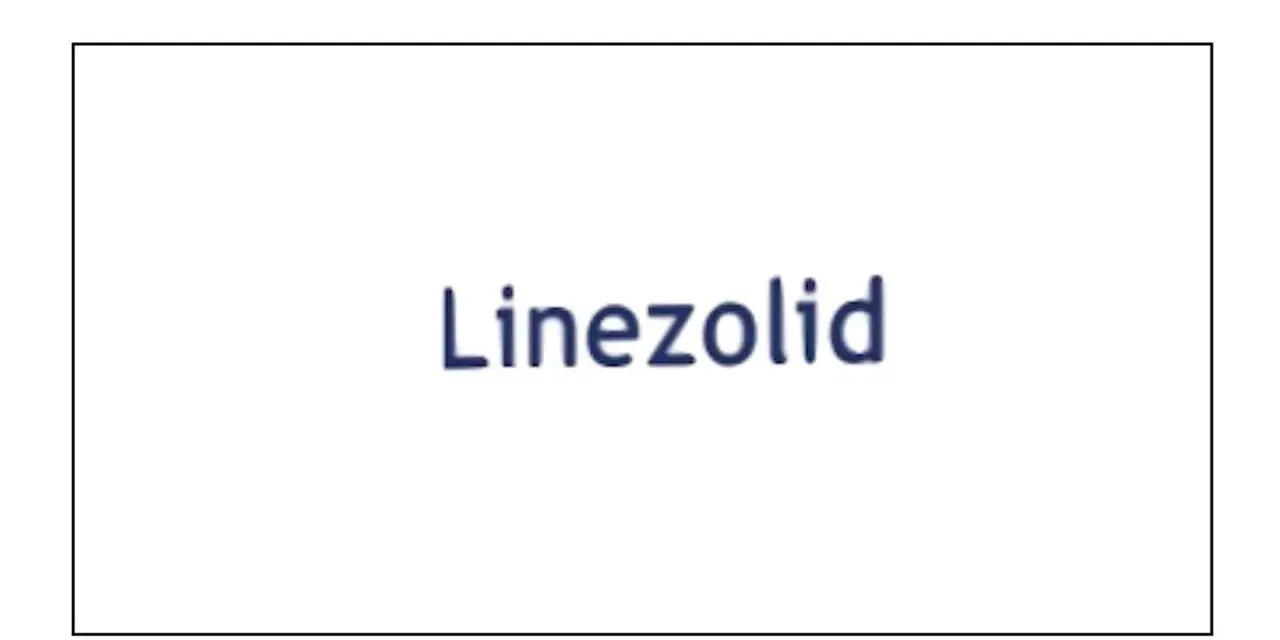 Niebieski napis "Linezolid" na białym tle. Linezolid to antybiotyk.