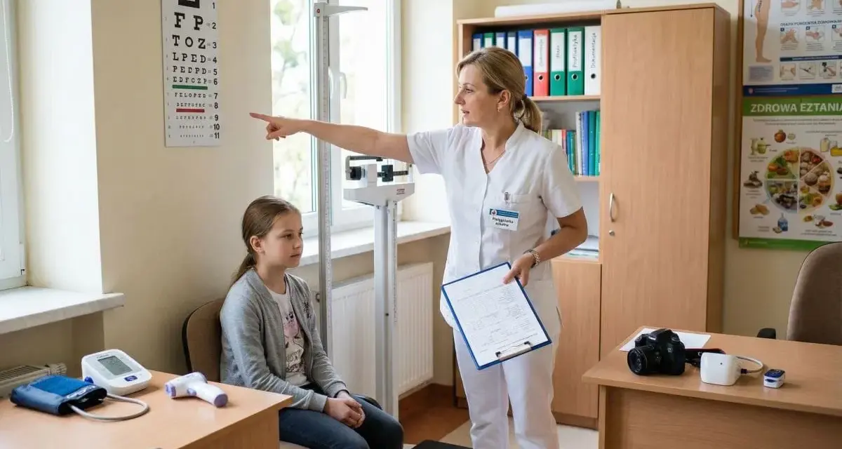 Pielęgniarka podczas indywidualnej praktyki pielęgniarskiej bada wzrok dziewczynki, wskazując na tablicę Snellena.