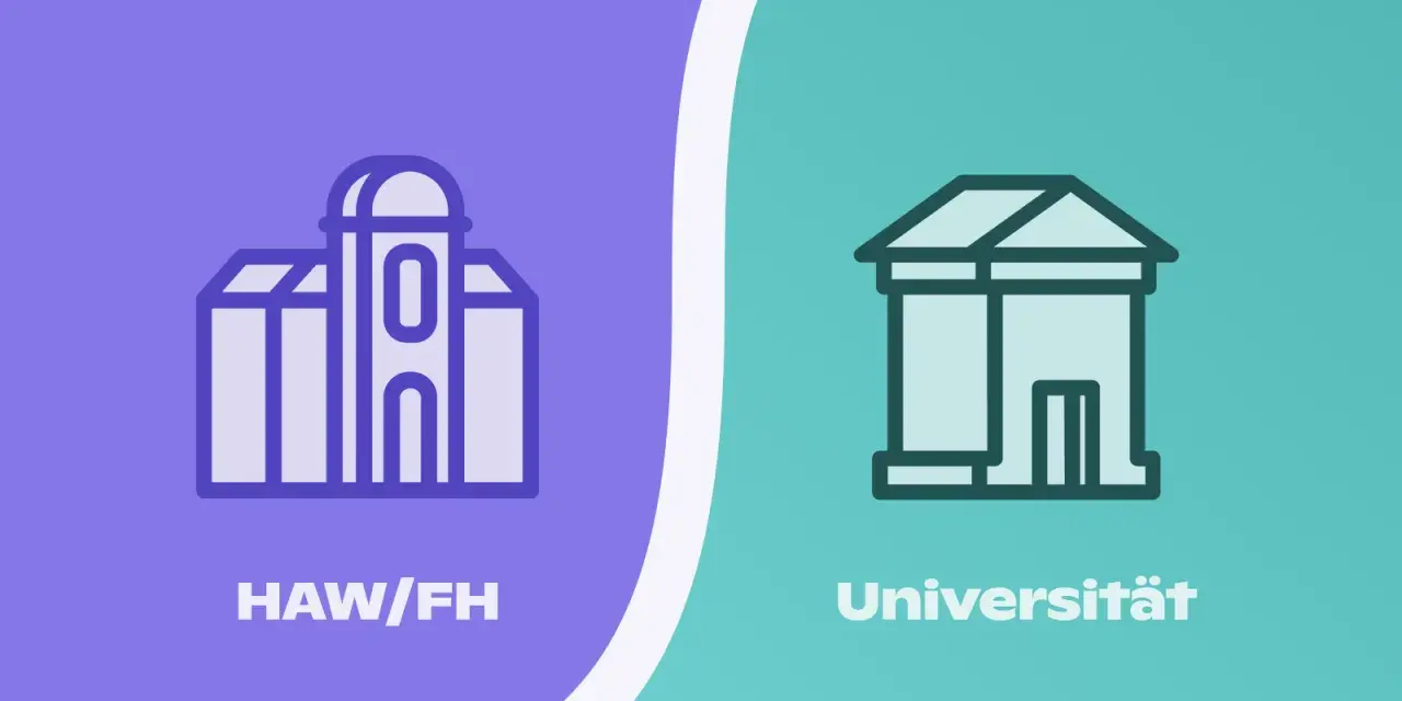 Grafik zeigt Gebäude für HAW/FH und Universität. Der Unterschied zwischen Hochschule und Uni wird visuell dargestellt.