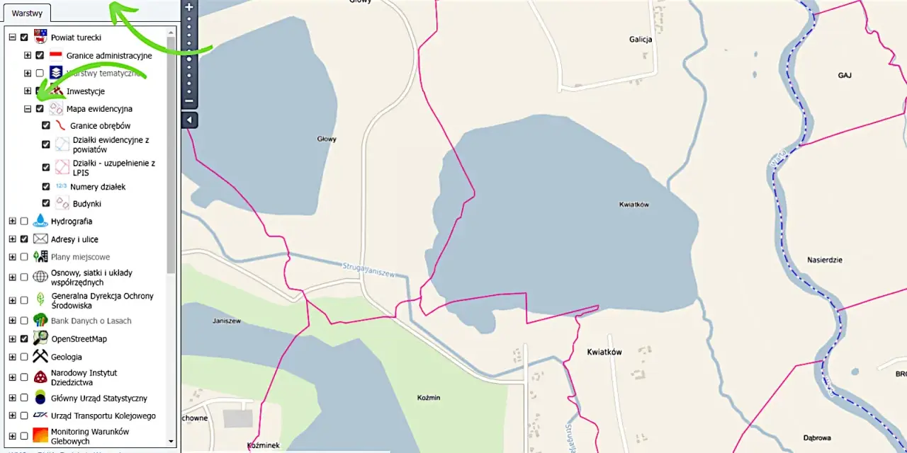 Mapa ewidencyjna z zaznaczonymi granicami obrębów, działkami ewidencyjnymi i budynkami. Widoczne są również hydrografia i nazwy miejscowości.