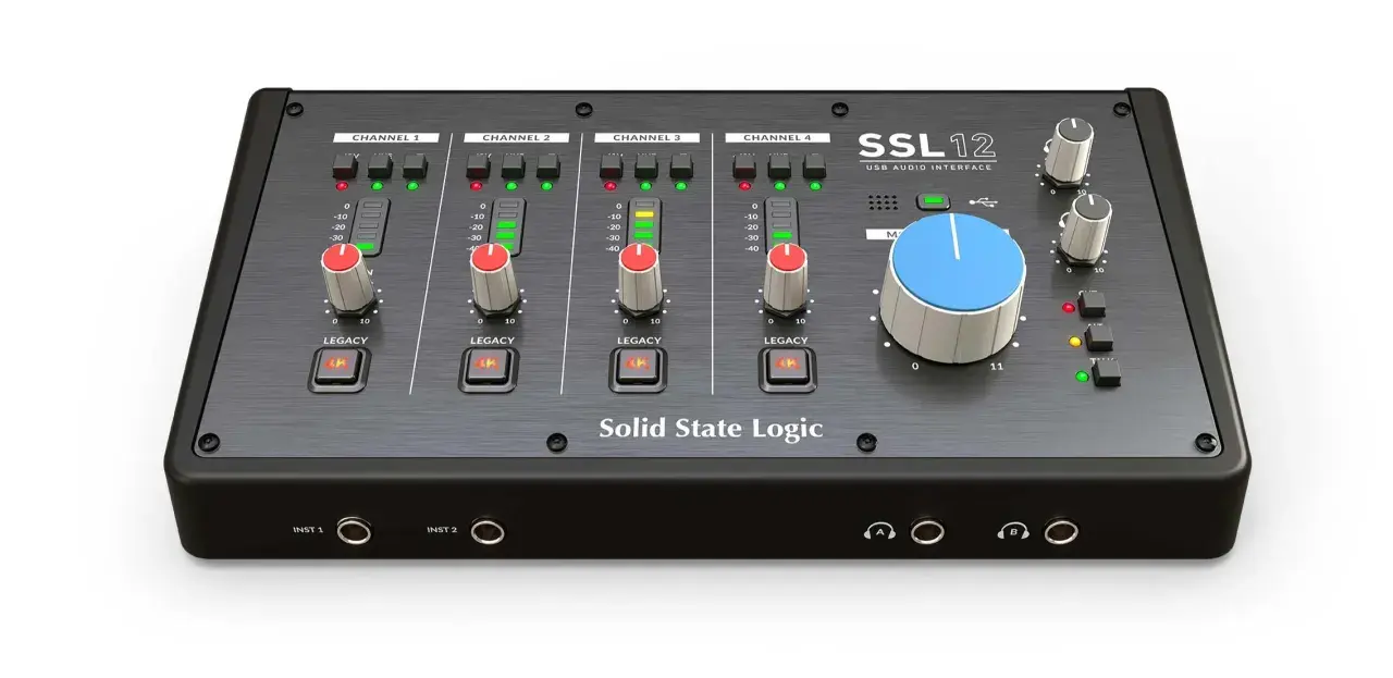 Solid State Logic SSL12, profesjonalny interfejs audio USB z czterema kanałami, pokrętłami Legacy i wskaźnikami poziomu.
