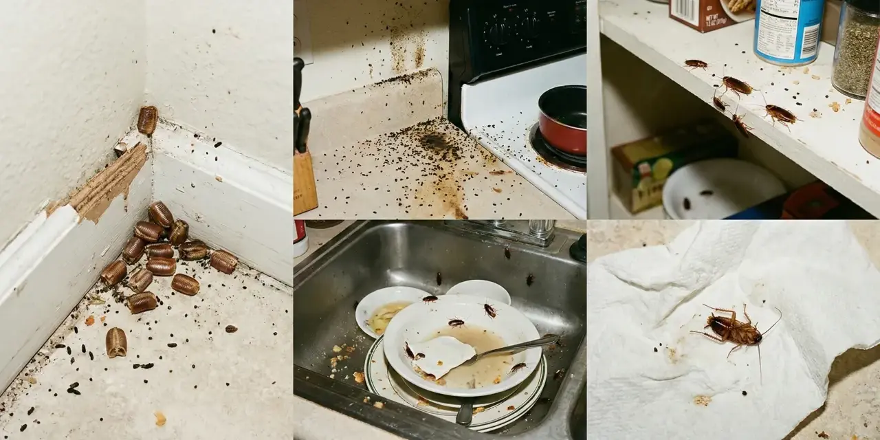 Una plaga de cucaracha oriental en casa. Se ven en esquinas, encimeras sucias, estantes y en un fregadero con platos sucios.