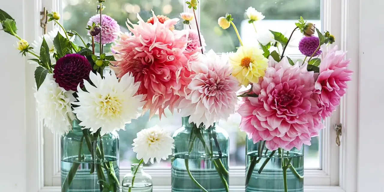 Vaser med dahlia inomhus, i nyanser av rosa, vitt, lila och gult, står på en fönsterbräda.