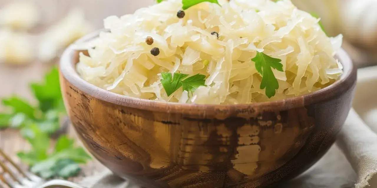 Schüssel mit Sauerkraut, garniert mit Petersilie und Pfefferkörnern. Dieses fermentierte Gericht ist bekannt dafür, dass Sauerkraut gesund ist.