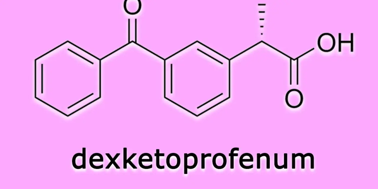 Struktura chemiczna deksketoprofenu, leku przeciwbólowego i przeciwzapalnego.