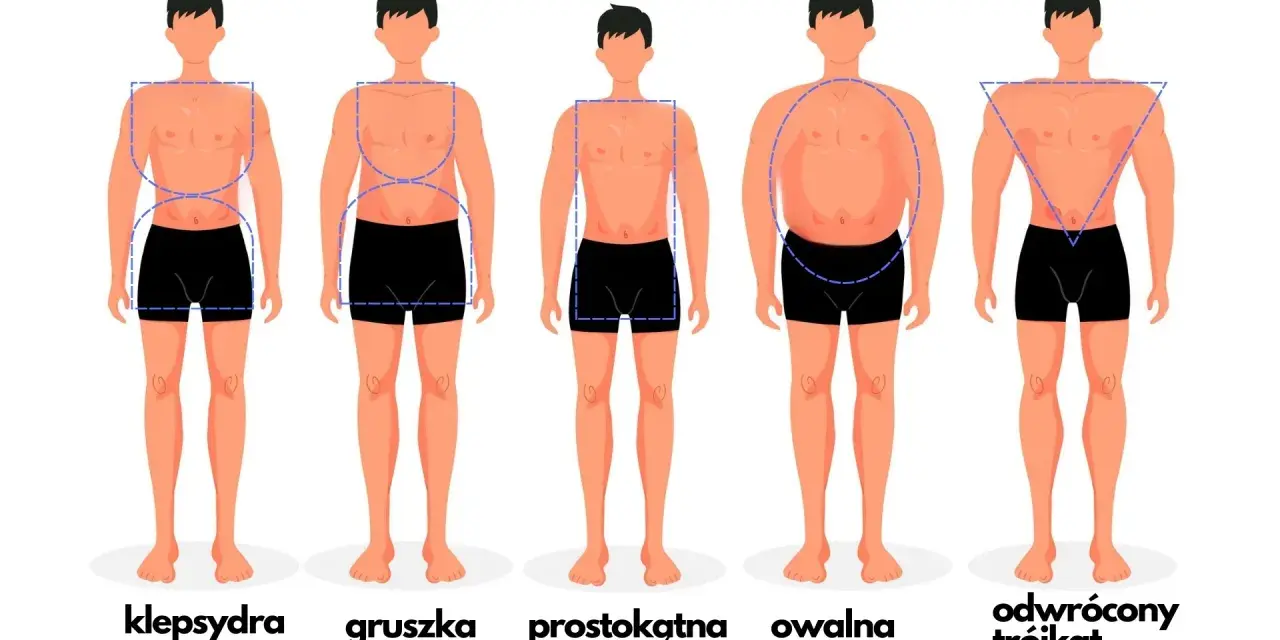 Ilustracja pokazuje różne rodzaje spodni męskich dopasowane do sylwetek: klepsydra, gruszka, prostokątna, owalna i odwrócony trójkąt.