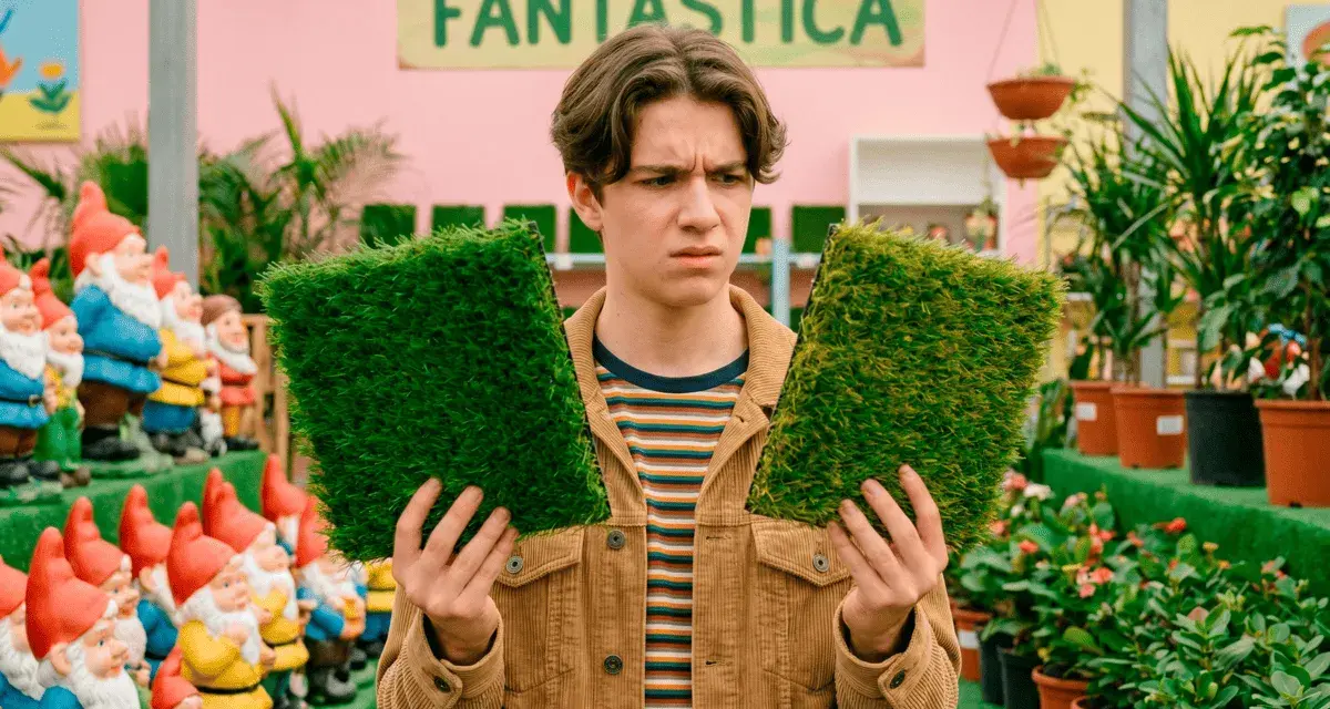 Joven indeciso compara dos tipos de césped artificial, rodeado de gnomos y plantas.