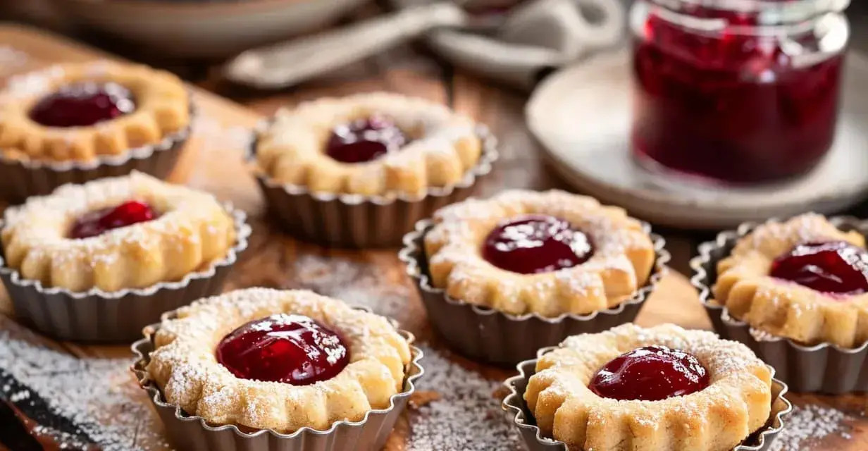Små hallongrottor, perfekta för fikat. Ett enkelt hallongrottor recept ger dessa söta bakverk med sylt i mitten.