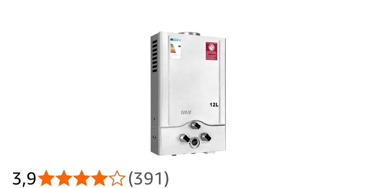 Scaldabagno a gas da 12L, ideale per aumentare pressione acqua. Regolatori gas e acqua visibili.