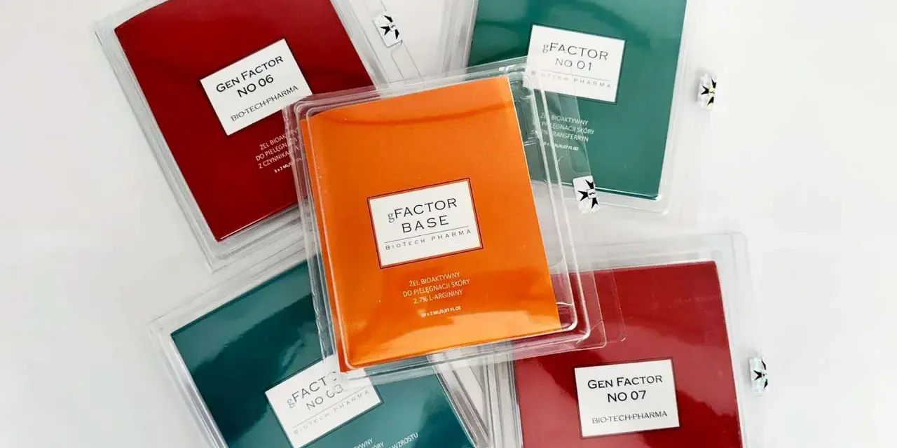 Zestaw produktów do pielęgnacji skóry z serii gFactor, w tym gFactor Base i gFactor No 01.