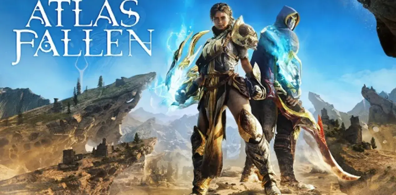 Dos guerreros, uno con armadura dorada y otro encapuchado, se alzan en un paisaje árido y montañoso. El título "Atlas Fallen" flota en el cielo azul.