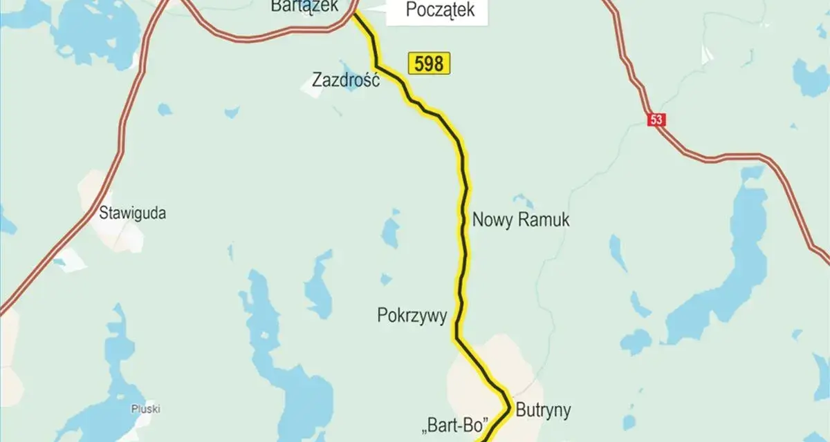 Mapa z zaznaczonymi trasami rowerowymi w okolicach Olsztyna. Widoczne miejscowości: Bartążek, Zazdrość, Nowy Ramuk, Pokrzywy, Butryny.