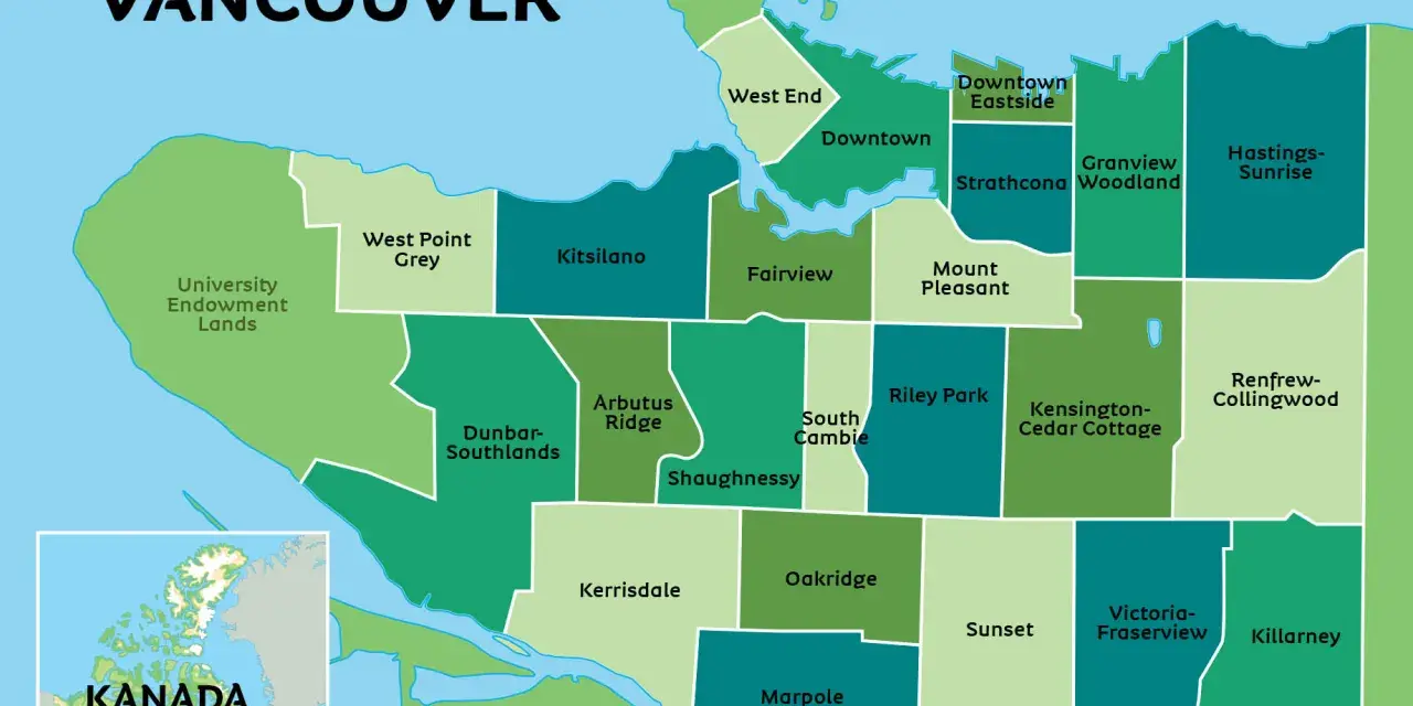 Mapa pokazuje gdzie leży Vancouver w Kanadzie, z podziałem na dzielnice: Downtown, Kitsilano, Stanley Park i inne.