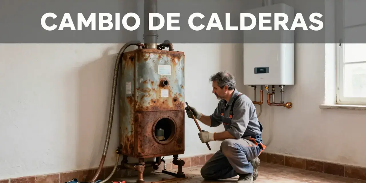 Un técnico evalúa una caldera vieja y oxidada junto a una nueva. Averigua cuanto cuesta cambiar una caldera de gas.