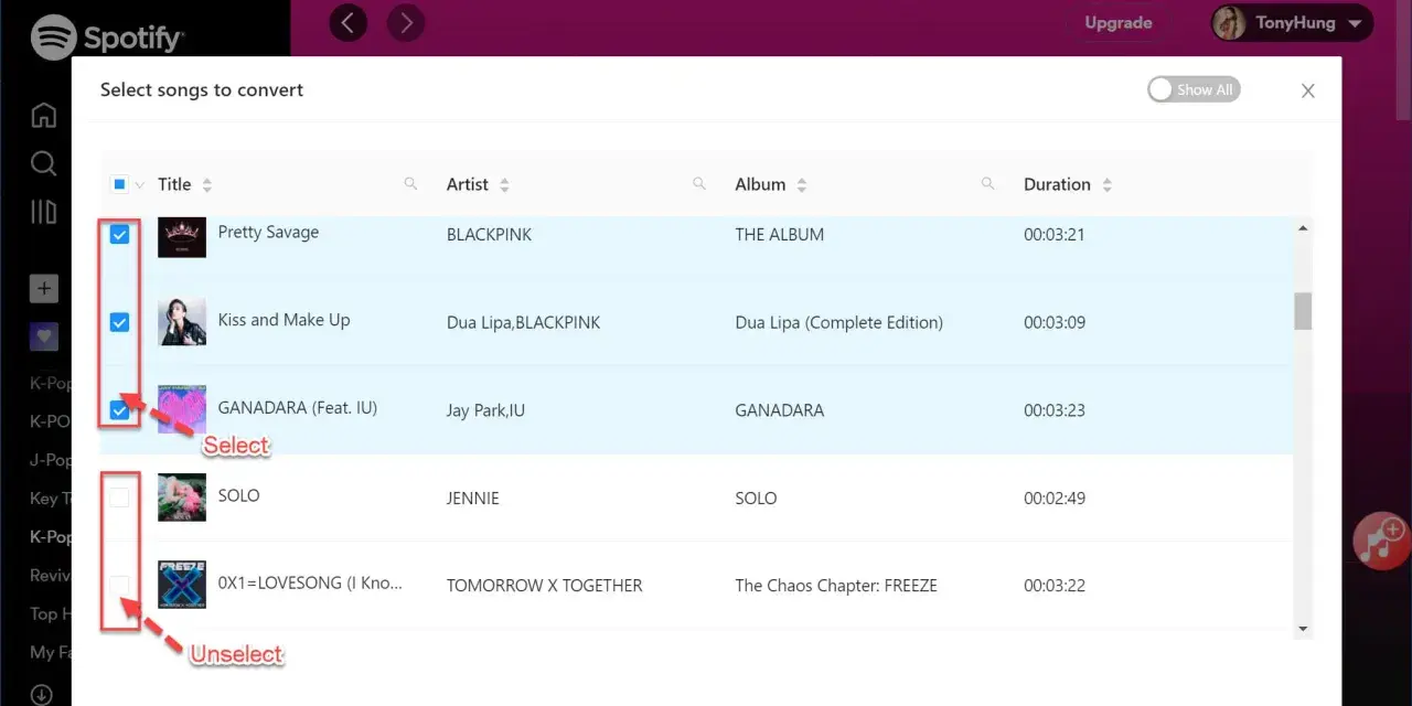 Interfejs programu do konwersji Spotify z zaznaczonymi utworami do pobrania.