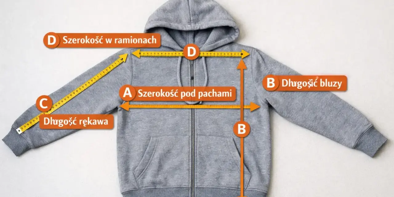 Jak mierzyć bluzy: szerokość w ramionach (D), pod pachami (A), długość rękawa (C) i długość bluzy (B).