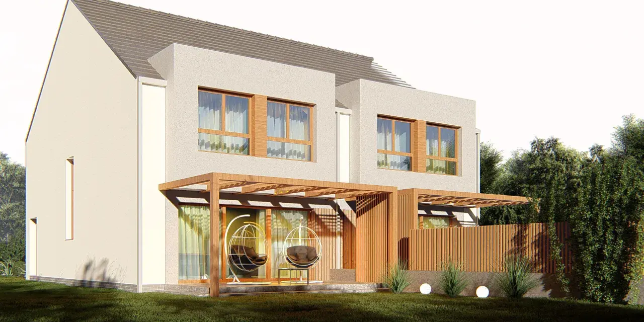 Nowoczesne projekty domów jednorodzinnych dwulokalowych z tarasami i wiszącymi fotelami.